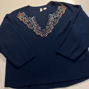 Anthropologie Moth Beaded Pullover Sweater Top Small Marine Blue Embellished